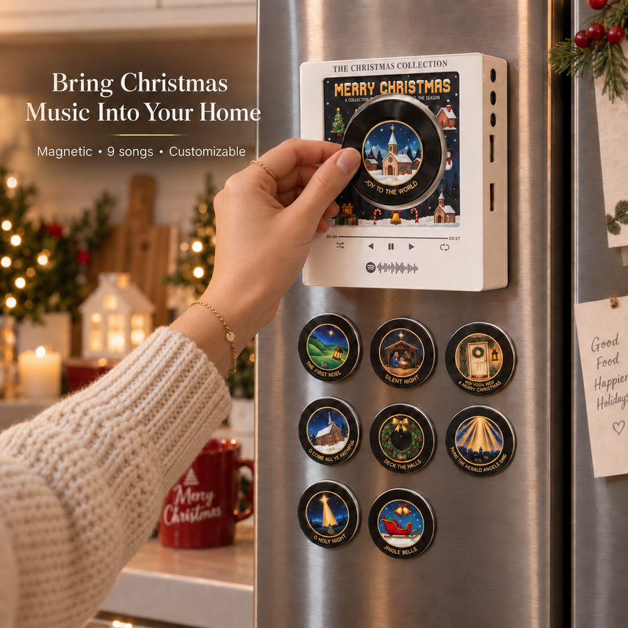 The player and discs on a kitchen fridge door