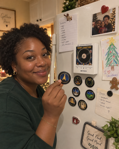 Customer photo — holding a disc by the fridge